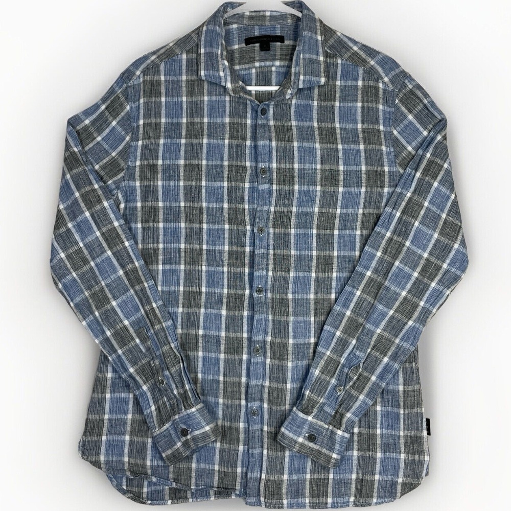 John Varvatos Star USA Mens Linen Blend Plaid Chambray Button Up Shirt Blue M